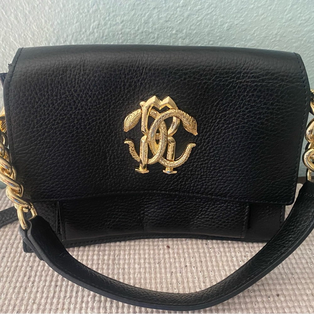 Roberto Cavalli Brand New WOT Black Leather Women's Bag with Gold Accents